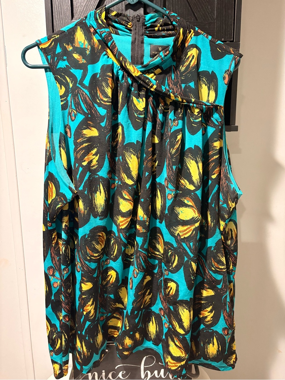 Worthington Teal and Yellow Sleeveless Floral-Print Mock Neck Top